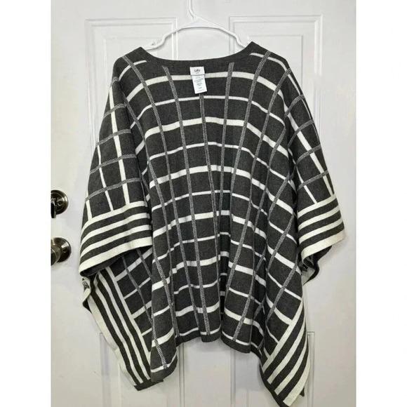 CABI Gray Cream Windowpane Plaid Reversible Tower Wrap Poncho Cardigan M/L Soft - Picture 3 of 8